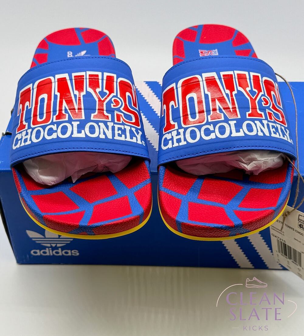 Adidas Adilette Tonys Chocolonely Blue Bird/Vivid Red Mens 8 NIB/NWT